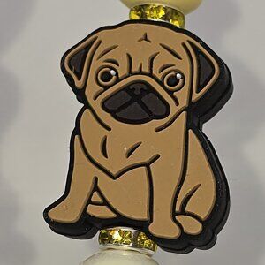 Brown Pug Puppy Focal Bead Ink Pen Tan Dog Yellow Gold Adorable Rhinestones